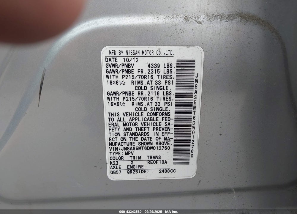 2013 NISSAN ROGUE VIN: JN8AS5MT6DW012760
