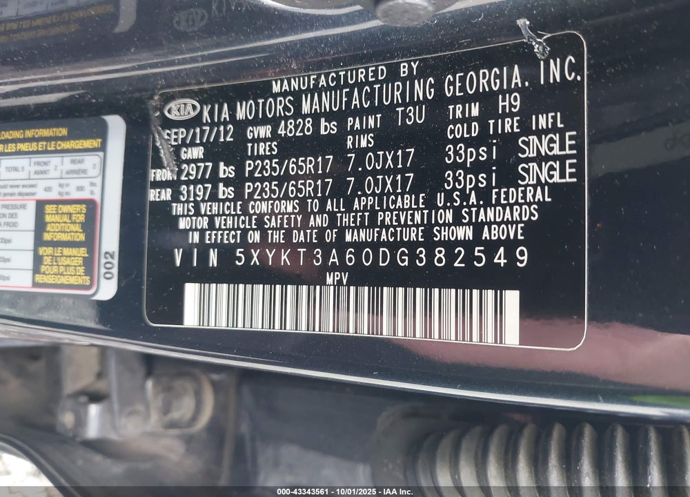 2013 KIA SORENTO VIN: 5XYKT3A60DG382549