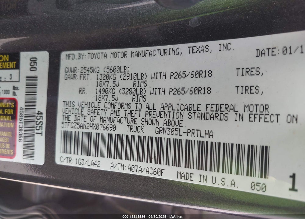 2017 TOYOTA TACOMA LIMITED VIN: 5TFGZ5AN2HX076690