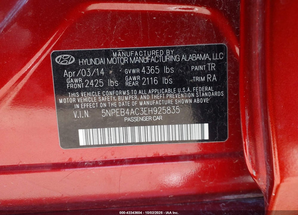 2014 HYUNDAI SONATA VIN: 5NPEB4AC3EH925835