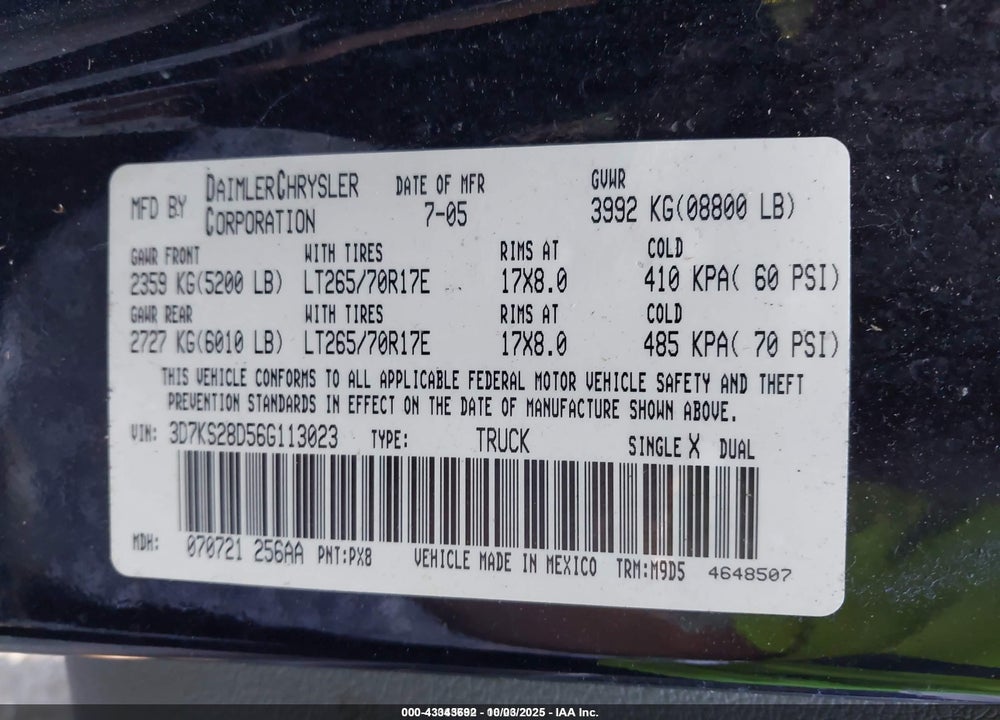 2006 DODGE RAM 2500 VIN: 3D7KS28D56G113023