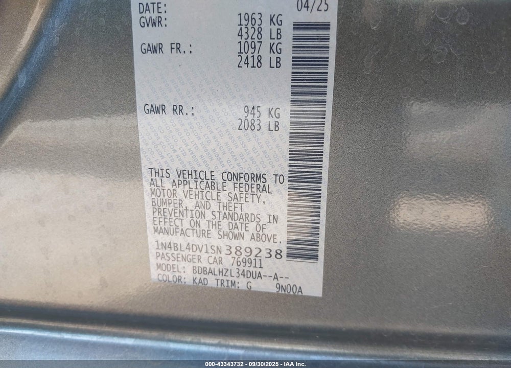 2025 NISSAN ALTIMA SV FWD VIN: 1N4BL4DV1SN389238