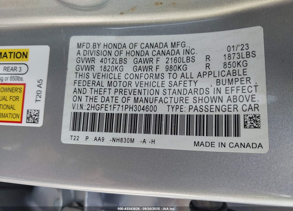 2023 HONDA CIVIC VIN: 2HGFE1F71PH304600