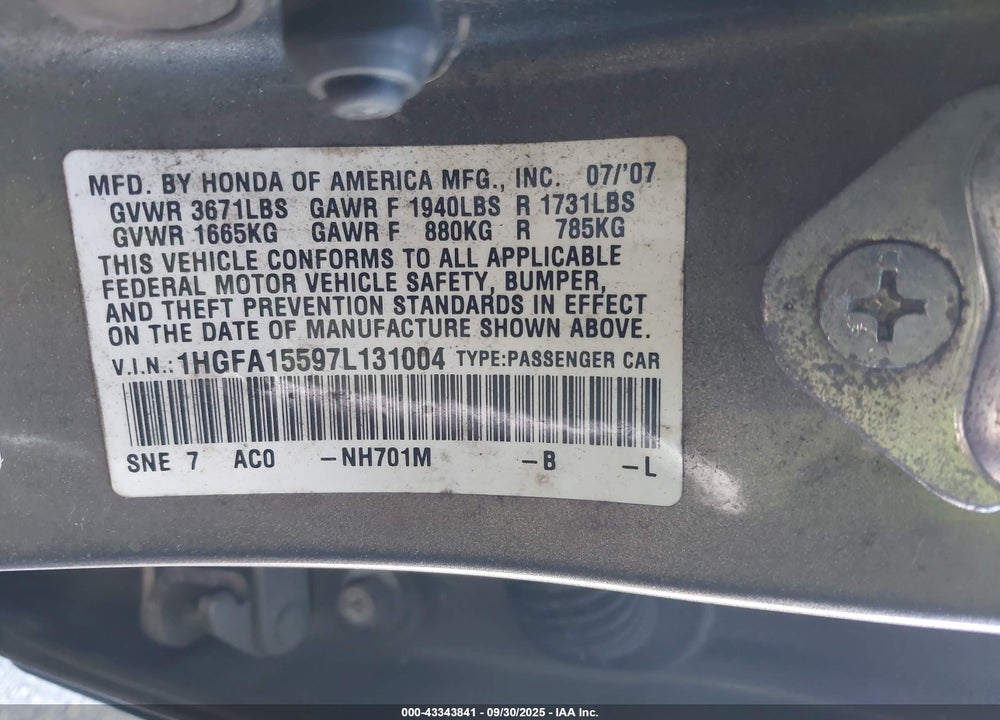 2007 HONDA CIVIC LX VIN: 1HGFA15597L131004
