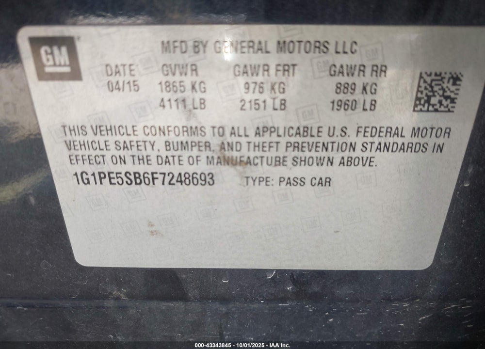 2015 CHEVROLET CRUZE VIN: 1G1PE5SB6F7248693