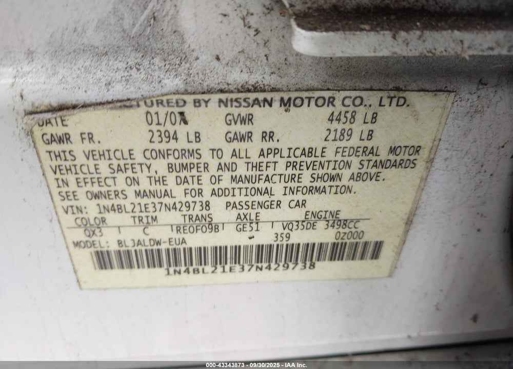 2007 NISSAN ALTIMA VIN: 1N4BL21E37N429738