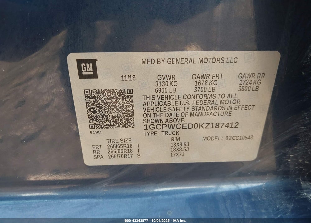 2019 CHEVROLET SILVERADO 1500 LT VIN: 1GCPWCED0KZ187412