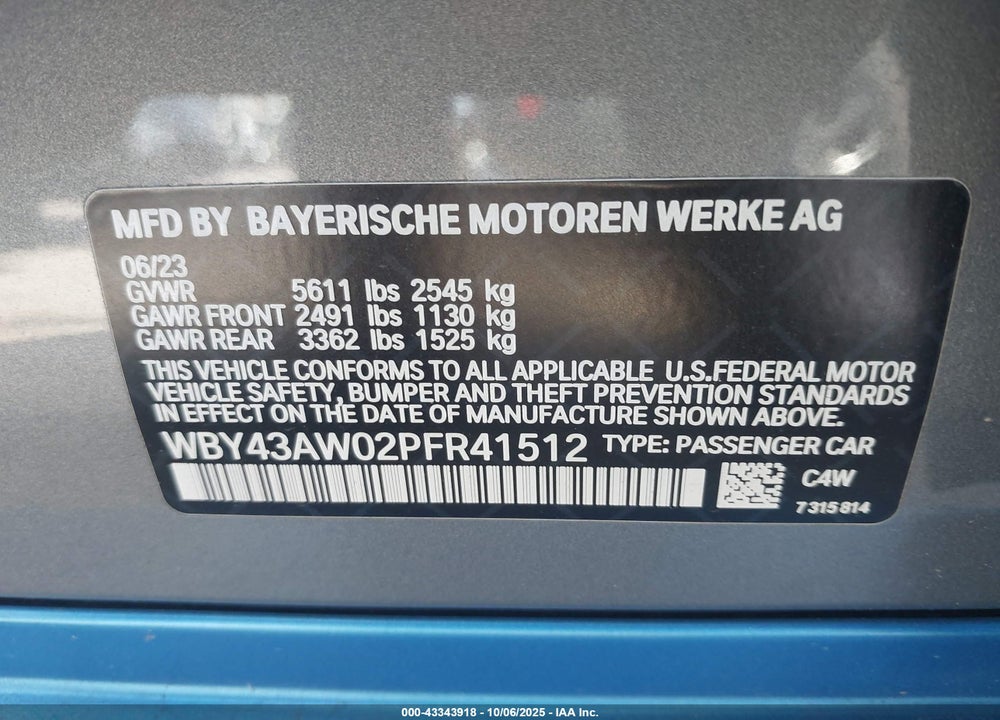 2023 BMW I4 EDRIVE35 VIN: WBY43AW02PFR41512