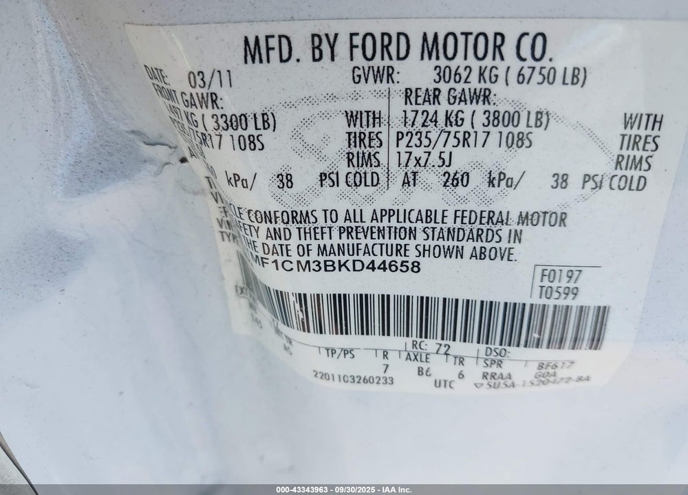2011 FORD F-150 XL VIN: 1FTMF1CM3BKD44658