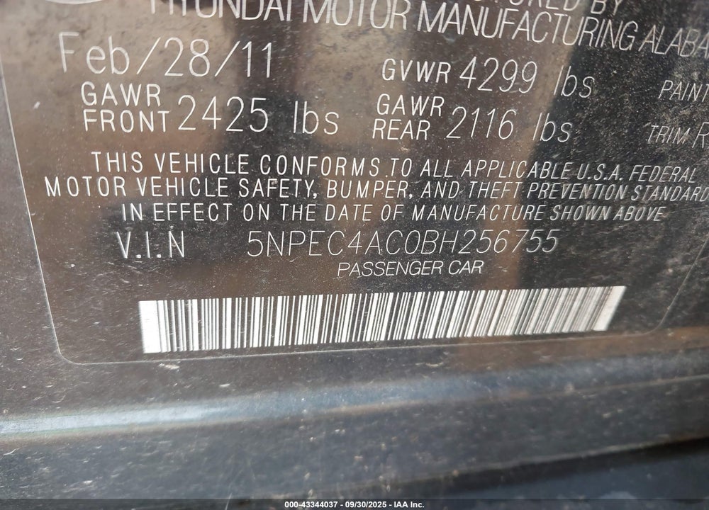 2011 HYUNDAI SONATA VIN: 5NPEC4AC0BH256755