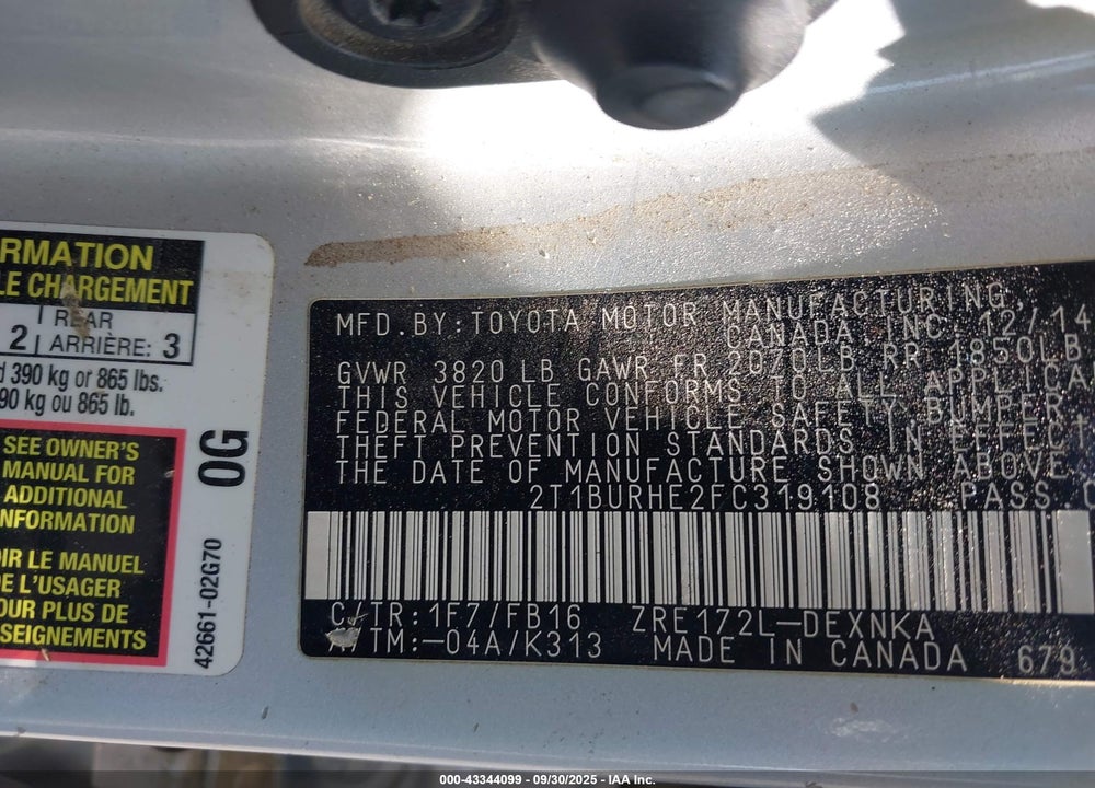 2015 TOYOTA COROLLA LE VIN: 2T1BURHE2FC319108