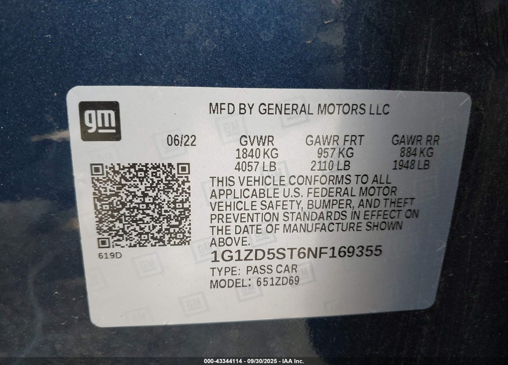 2022 CHEVROLET MALIBU VIN: 1G1ZD5ST6NF169355