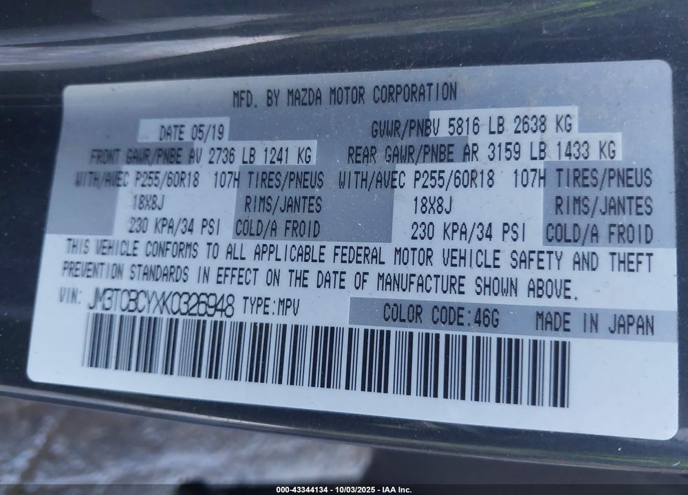 2019 MAZDA CX-9 VIN: JM3TCBCYXK0326948