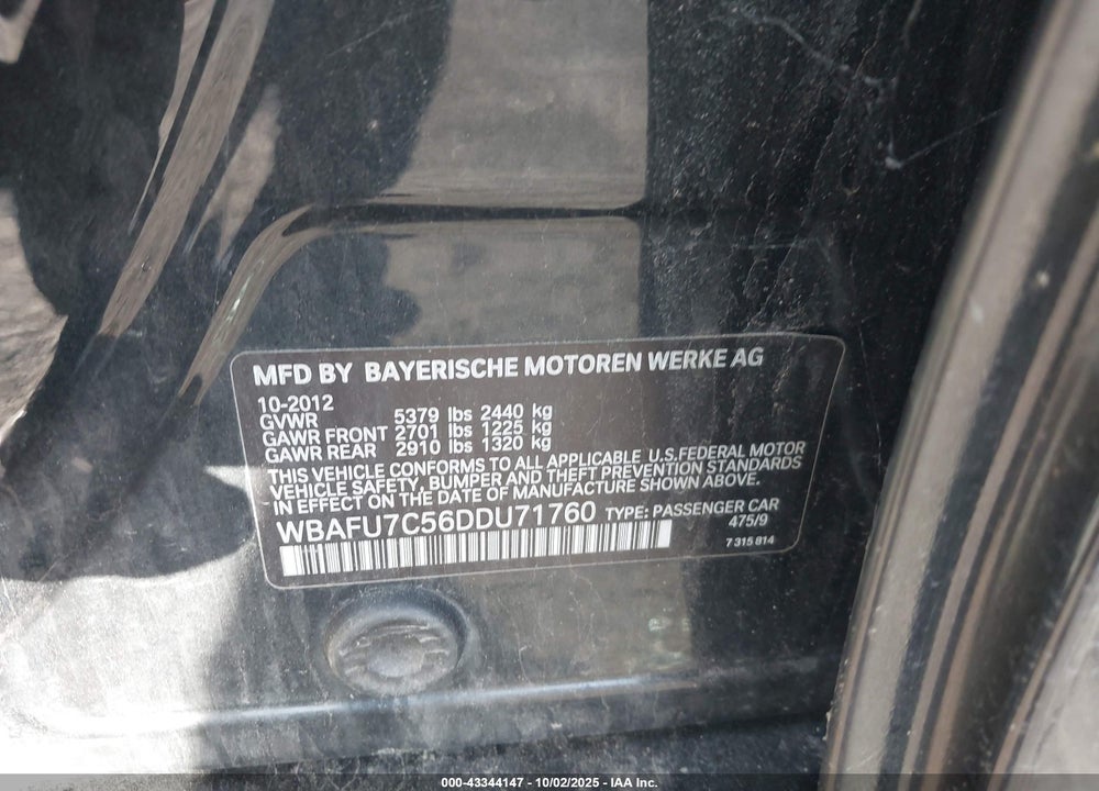 2013 BMW 5 SERIES VIN: WBAFU7C56DDU71760