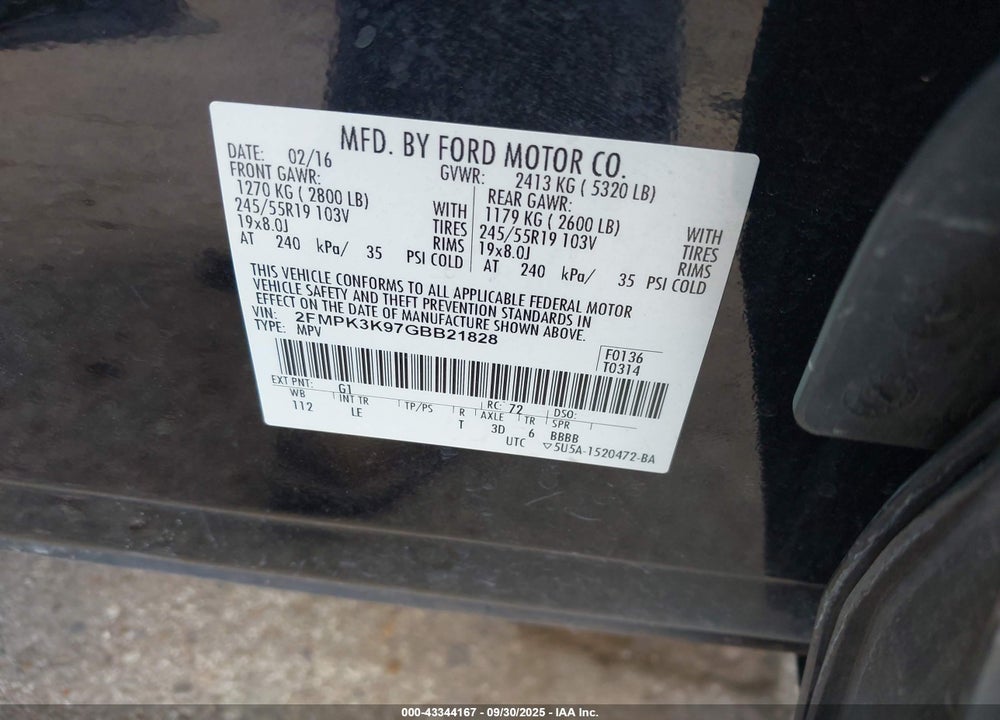 2016 FORD EDGE VIN: 2FMPK3K97GBB21828