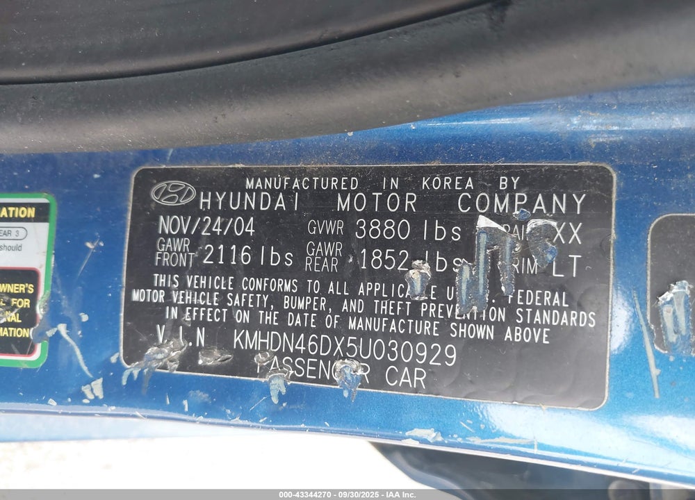 2005 HYUNDAI ELANTRA GLS/GT VIN: KMHDN46DX5U030929