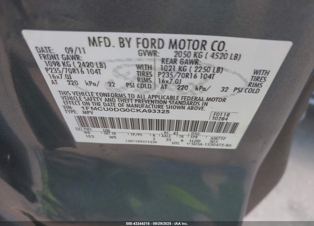 2012 FORD ESCAPE VIN: 1FMCU0DG0CKA93325