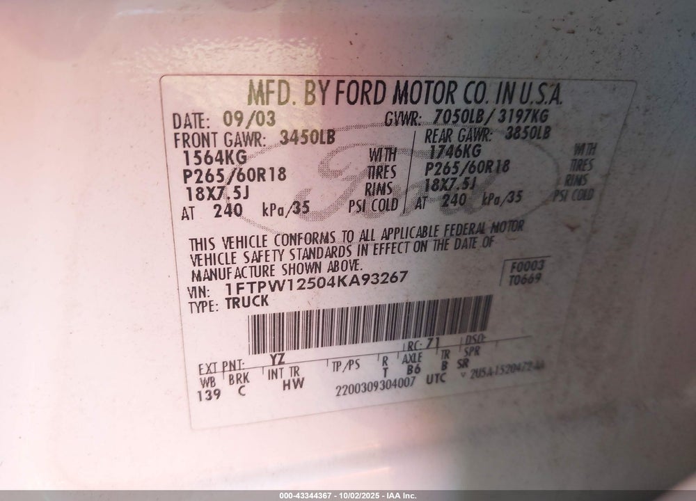 2004 FORD F-150 LARIAT/XLT VIN: 1FTPW12504KA93267