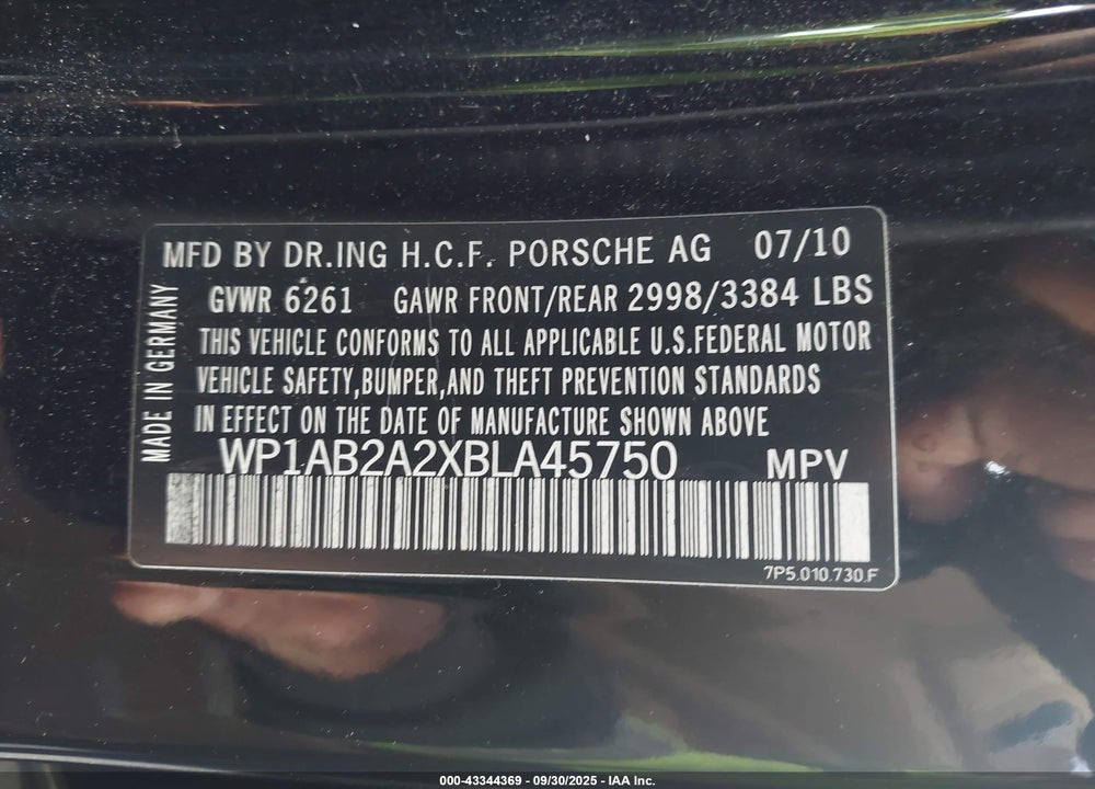 2011 PORSCHE CAYENNE VIN: WP1AB2A2XBLA45750