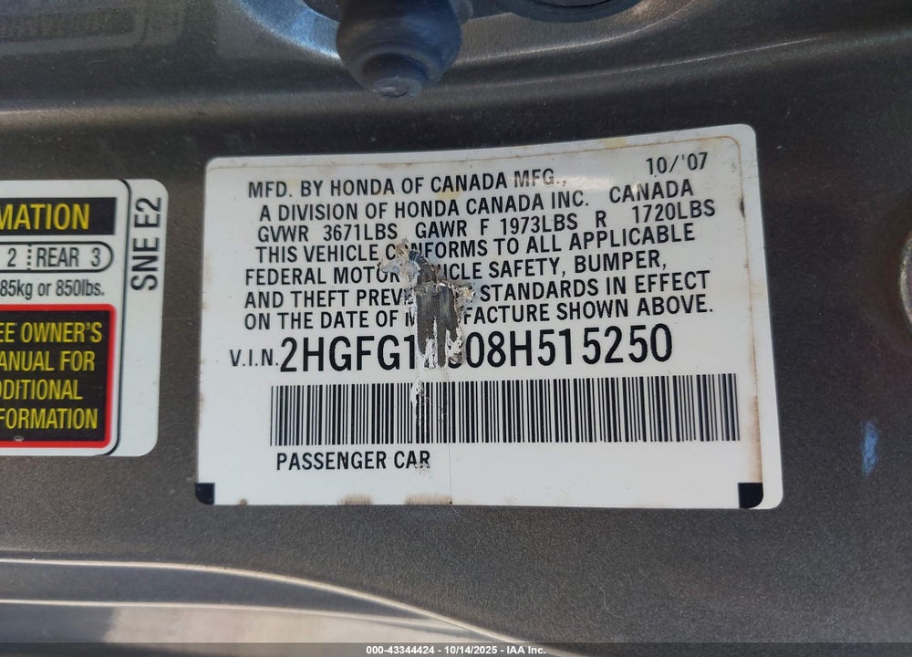 2008 HONDA CIVIC VIN: 2HGFG12808H515250