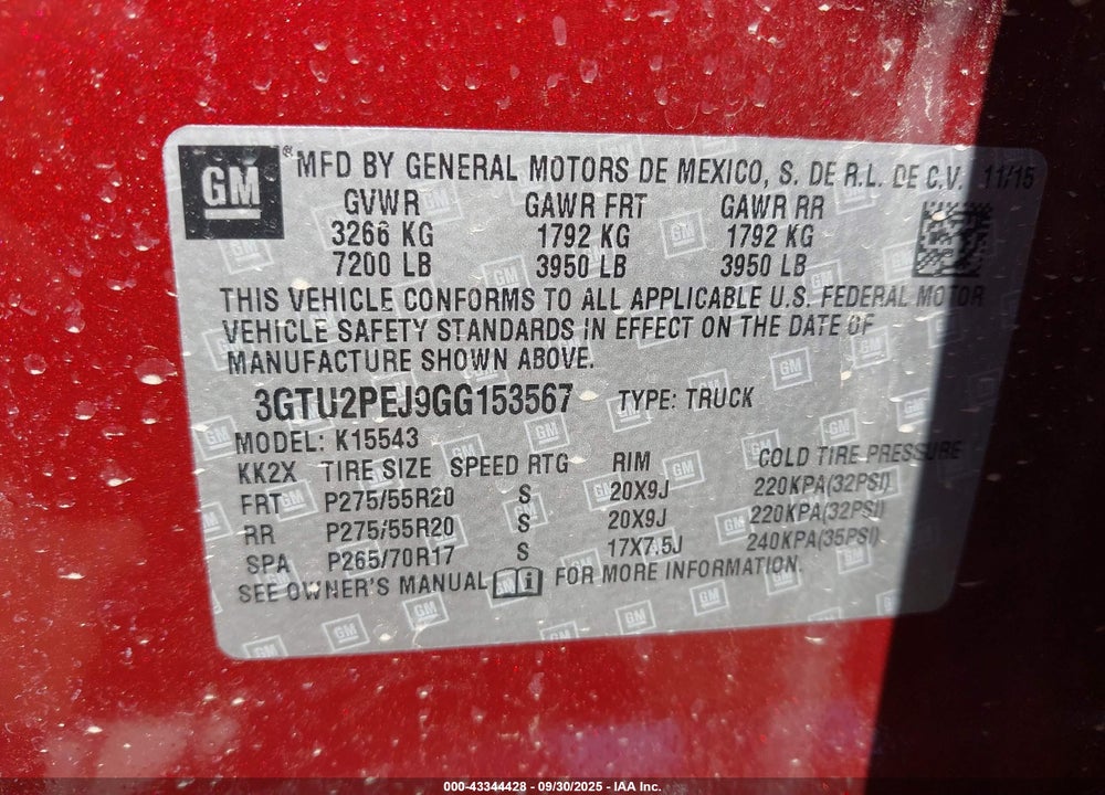 2016 GMC SIERRA 1500 VIN: 3GTU2PEJ9GG153567