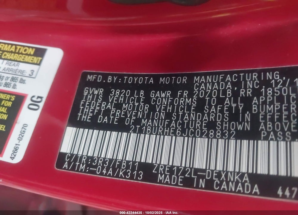 2018 TOYOTA COROLLA VIN: 2T1BURHE6JC028832