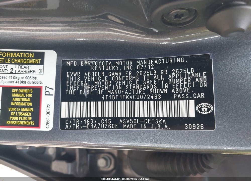 2012 TOYOTA CAMRY SE VIN: 4T1BF1FK4CU072463
