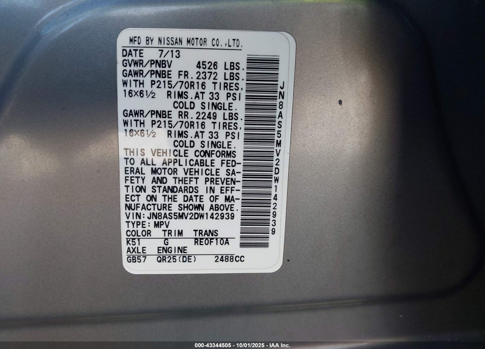 2013 NISSAN ROGUE VIN: JN8AS5MV2DW142939
