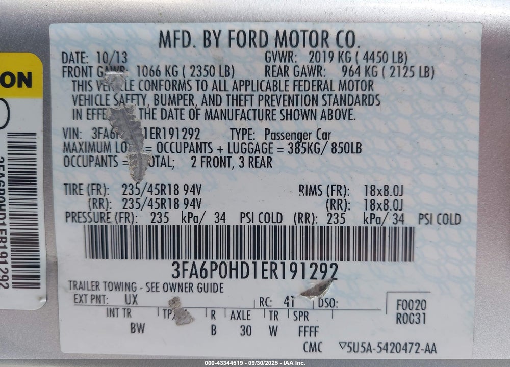 2014 FORD FUSION VIN: 3FA6P0HD1ER191292