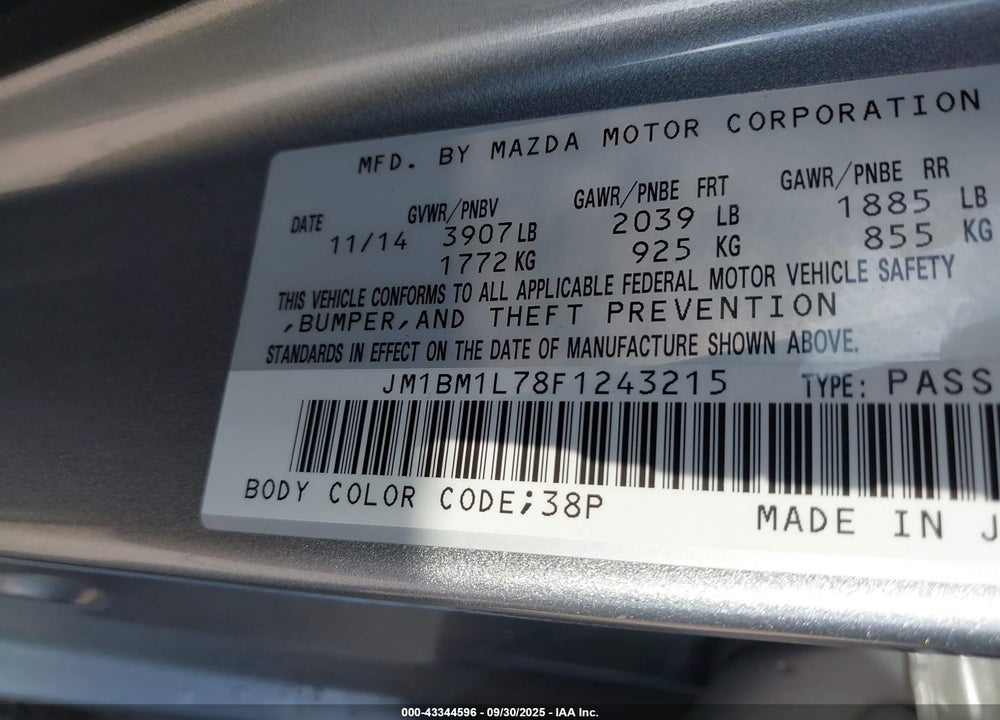 2015 MAZDA 3 I TOURING VIN: JM1BM1L78F1243215