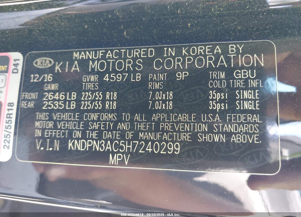 2017 KIA SPORTAGE VIN: KNDPN3AC5H7240299