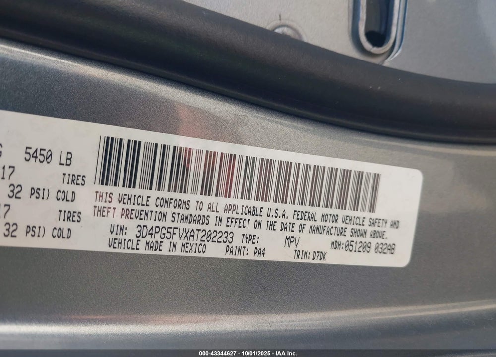 2010 DODGE JOURNEY VIN: 3D4PG5FVXAT202233