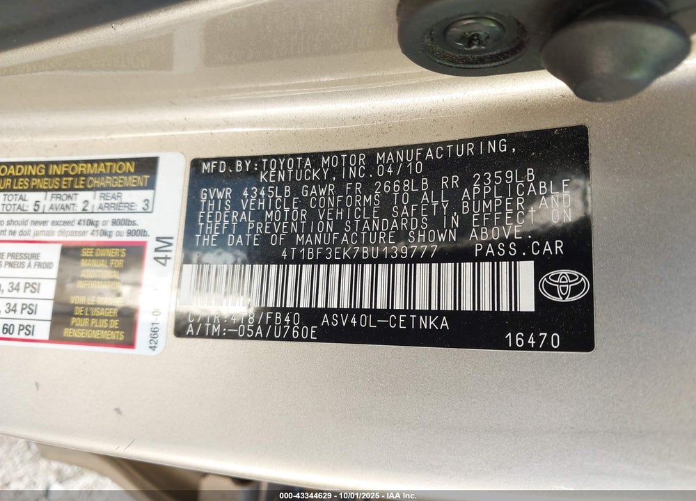 2011 TOYOTA CAMRY LE VIN: 4T1BF3EK7BU139777
