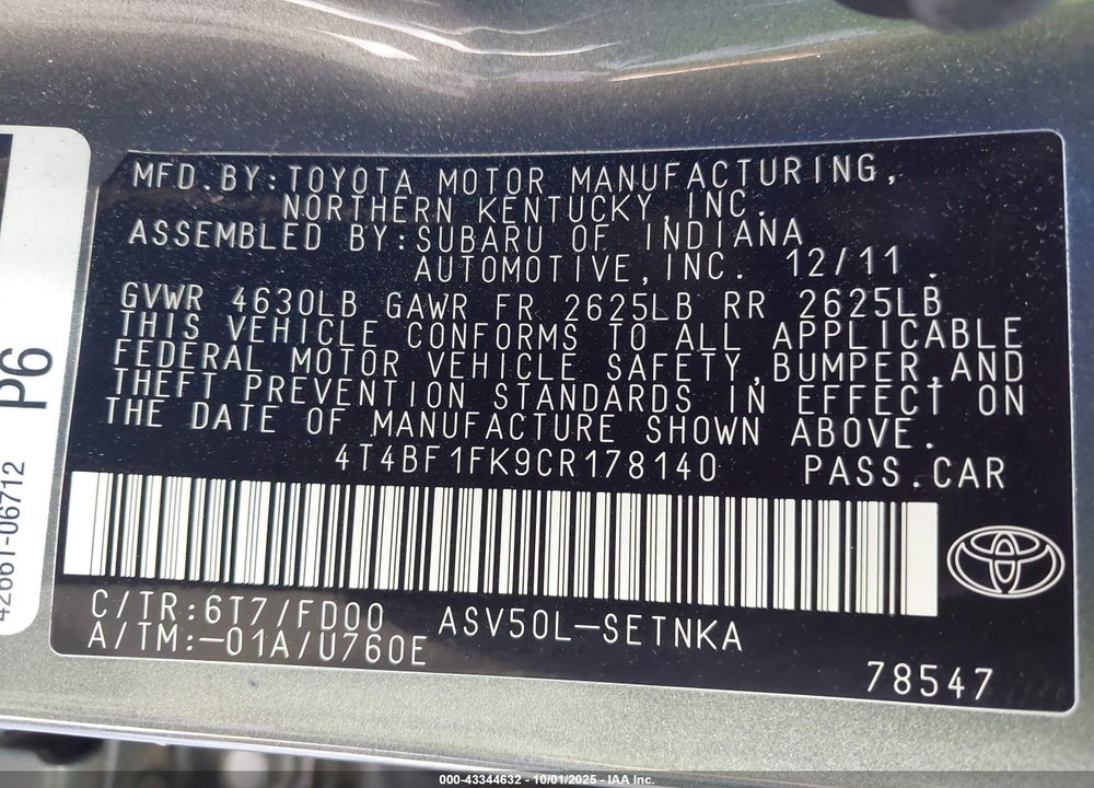 2012 TOYOTA CAMRY VIN: 4T4BF1FK9CR178140