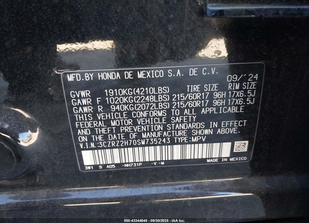2025 HONDA HR-V AWD EX-L VIN: 3CZRZ2H70SM735243