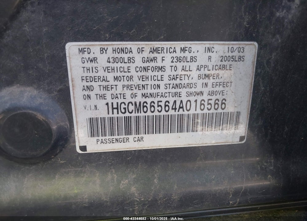 2004 HONDA ACCORD 3.0 EX VIN: 1HGCM66564A016566