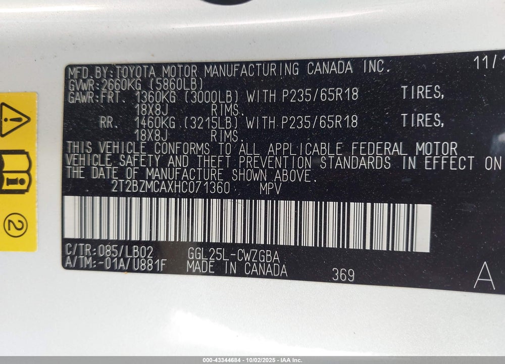 2017 LEXUS RX 350 VIN: 2T2BZMCAXHC071360