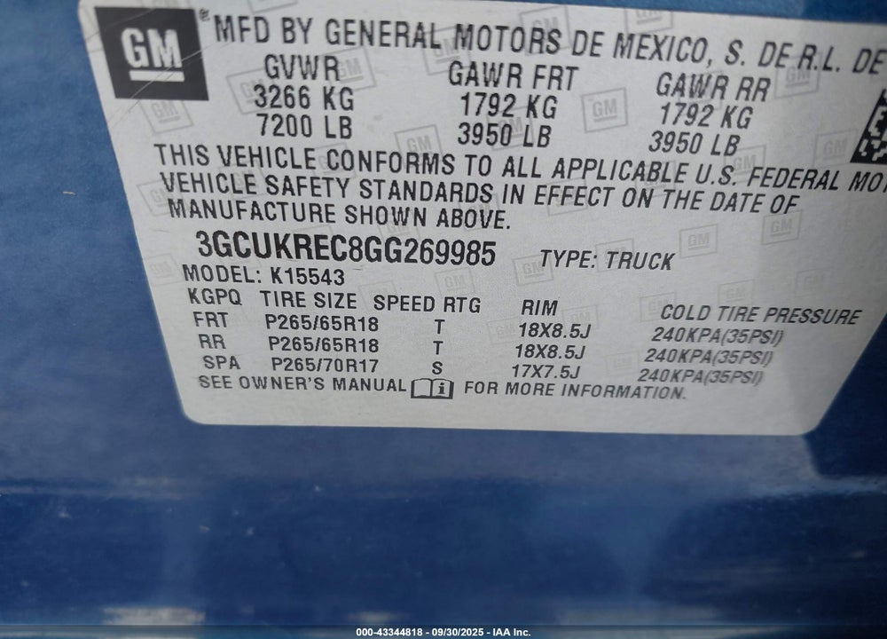 2016 CHEVROLET SILVERADO 1500 2LT VIN: 3GCUKREC8GG269985