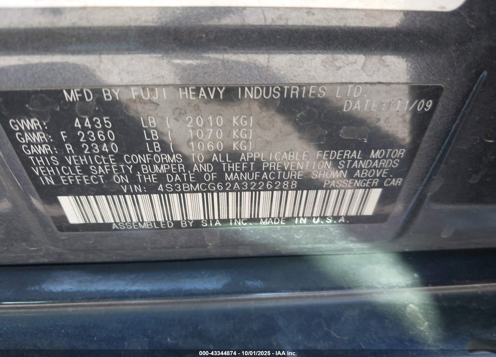 2010 SUBARU LEGACY VIN: 4S3BMCG62A3226288
