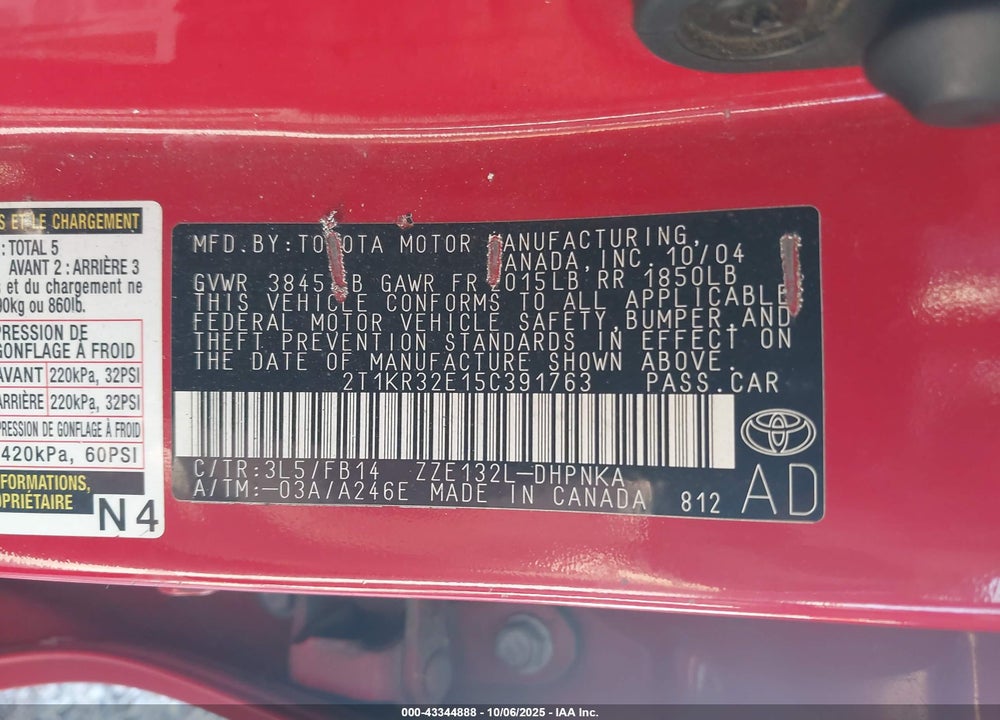 2005 TOYOTA MATRIX/XR VIN: 2T1KR32E15C391763