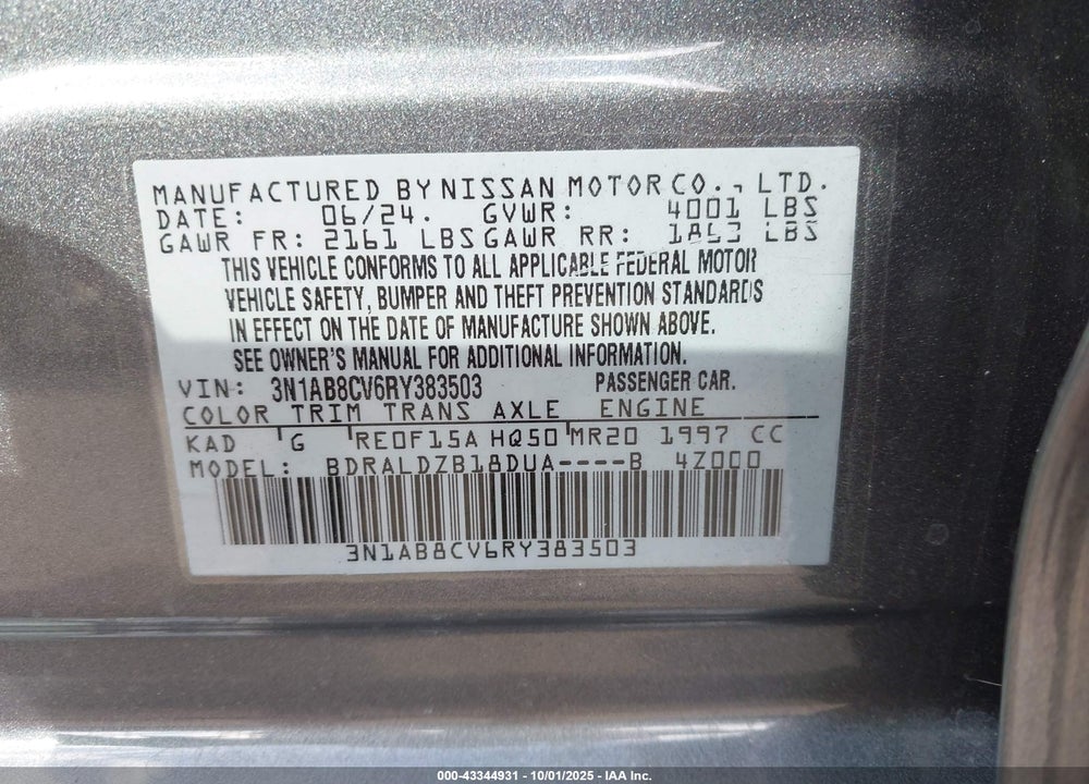 2024 NISSAN SENTRA VIN: 3N1AB8CV6RY383503