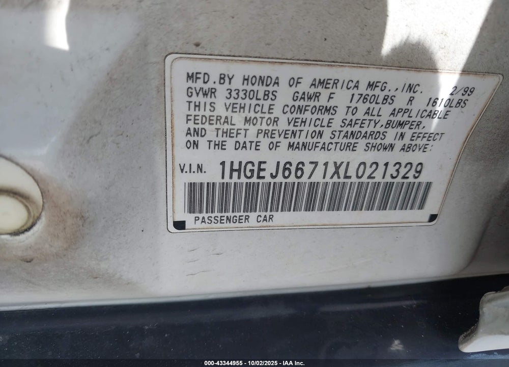 1999 HONDA CIVIC LX VIN: 1HGEJ6671XL021329