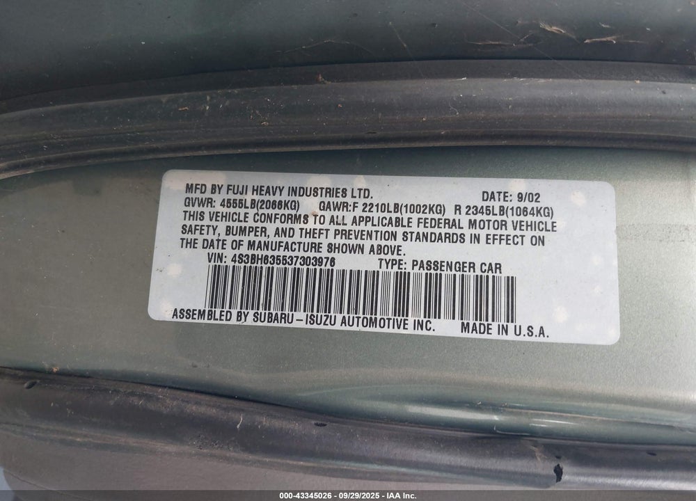 2003 SUBARU LEGACY L/L W/SPECIAL EDITION PACKAGE VIN: 4S3BH635537303976