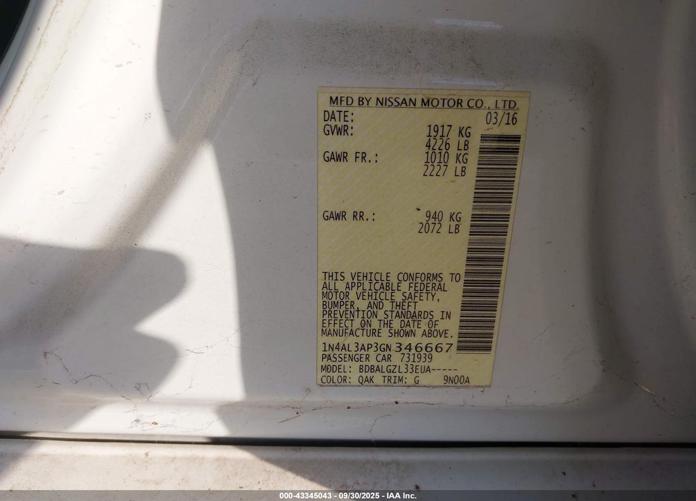 2016 NISSAN ALTIMA VIN: 1N4AL3AP3GN346667