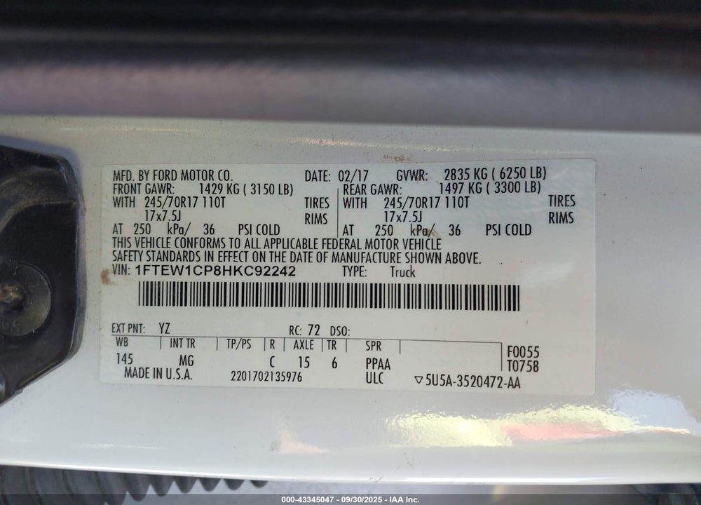 2017 FORD F-150 XLT VIN: 1FTEW1CP8HKC92242