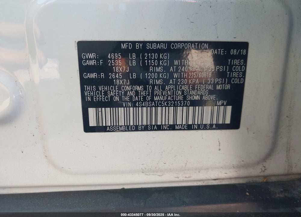 2019 SUBARU OUTBACK VIN: 4S4BSATC5K3215370