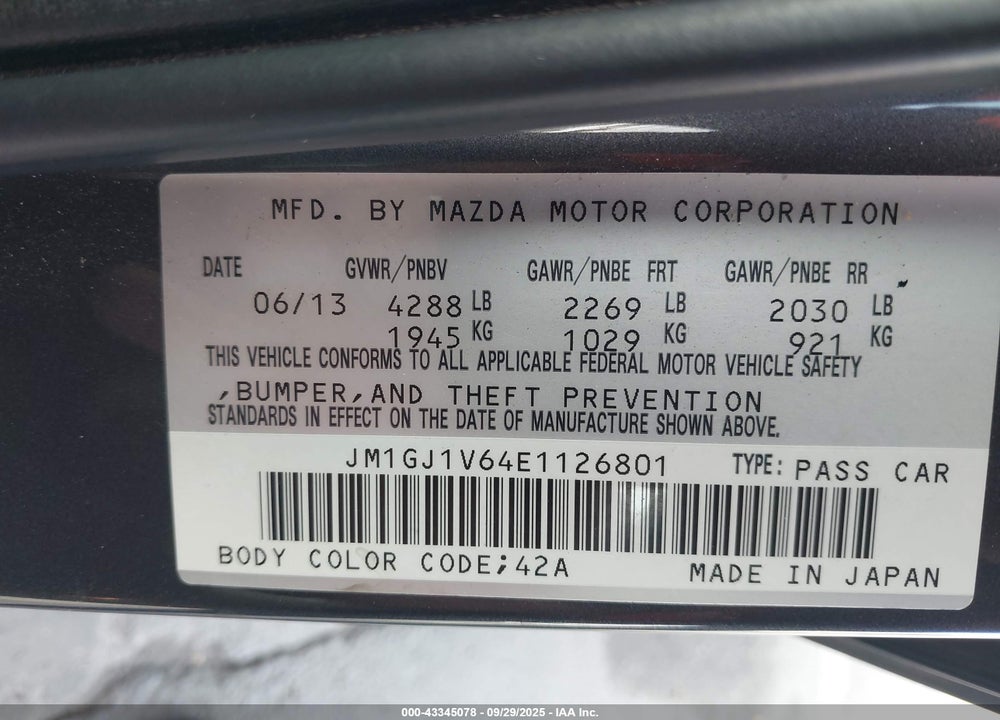 2014 MAZDA 6 I TOURING VIN: JM1GJ1V64E1126801