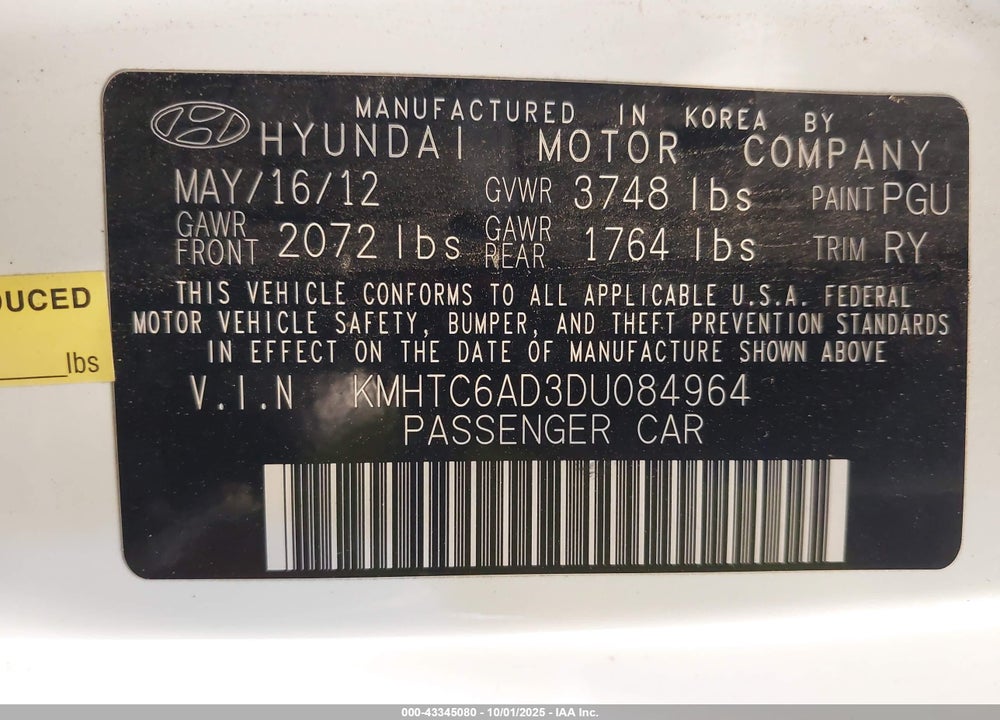 2013 HYUNDAI VELOSTER VIN: KMHTC6AD3DU084964