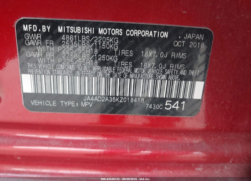 2019 MITSUBISHI OUTLANDER ES VIN: JA4AD2A35KZ018418