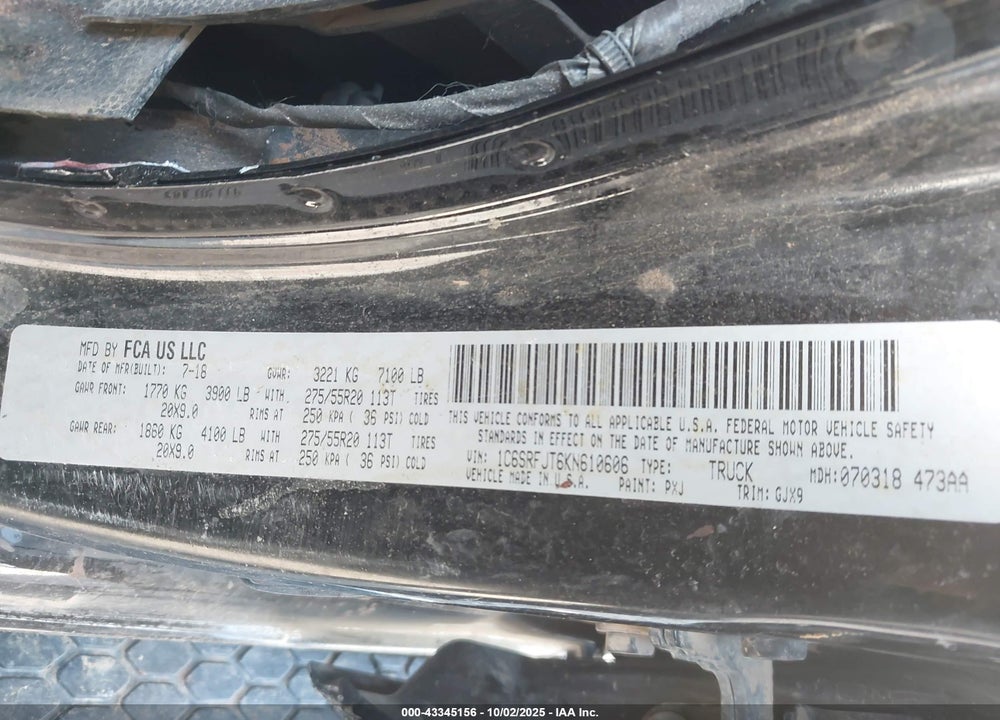 2019 RAM 1500 VIN: 1C6SRFJT6KN610606